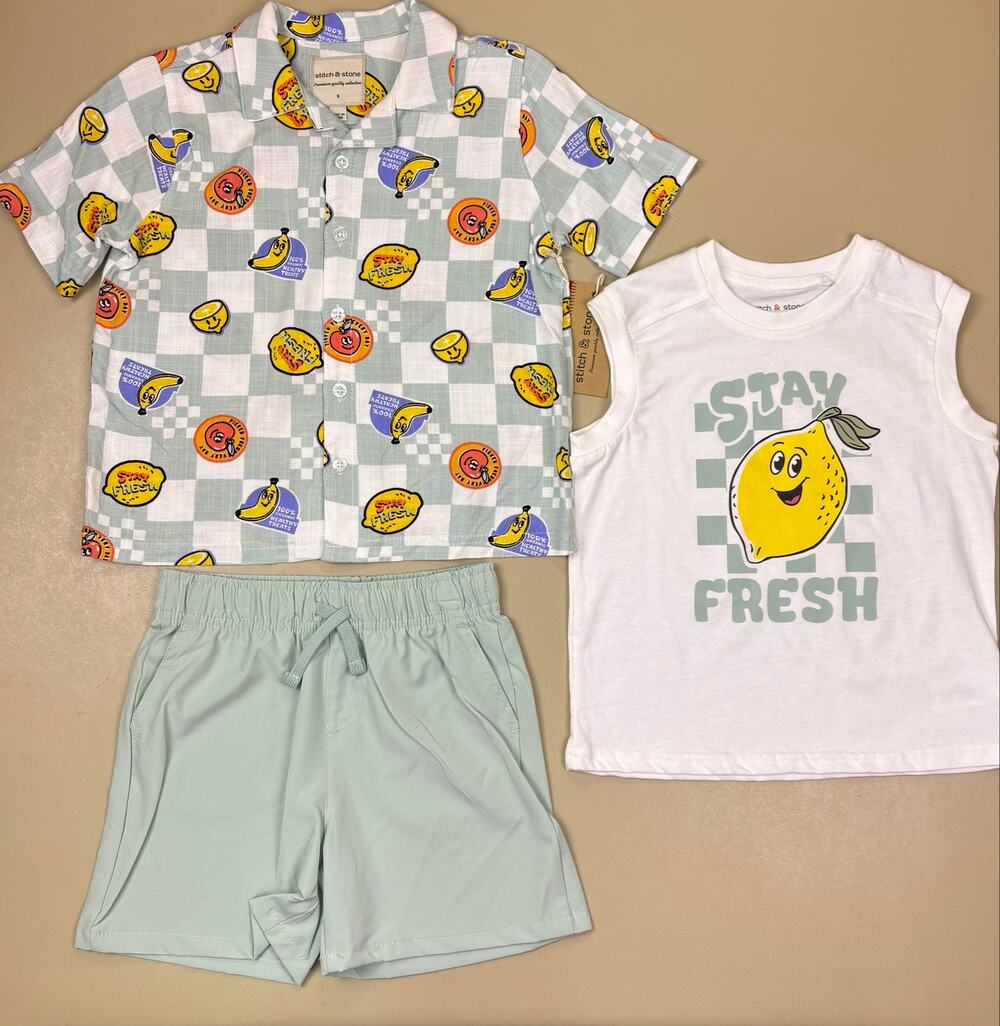 Stitch & Stone Boys Size 5 3 Piece Lemon Graphic Shirt Shorts Set NWT